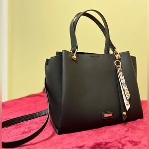 Black Aldo Faux Soft Leather Tote Bag with Gold Hardware + Clip on Accessory